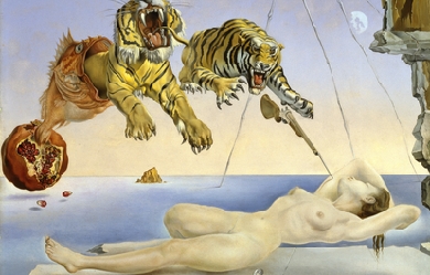 Dream caused by the flight of a bee around a pomegranate a second before waking up, by Salvador Dalí