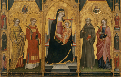 Altarpiece of the Virgin with Saints Agatha, Stephen, Francis and a Martyr Saint, by Giovanni di Pietro