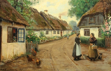 Village scenery with two women talking in the street, by Hans Andersen Brendekilde